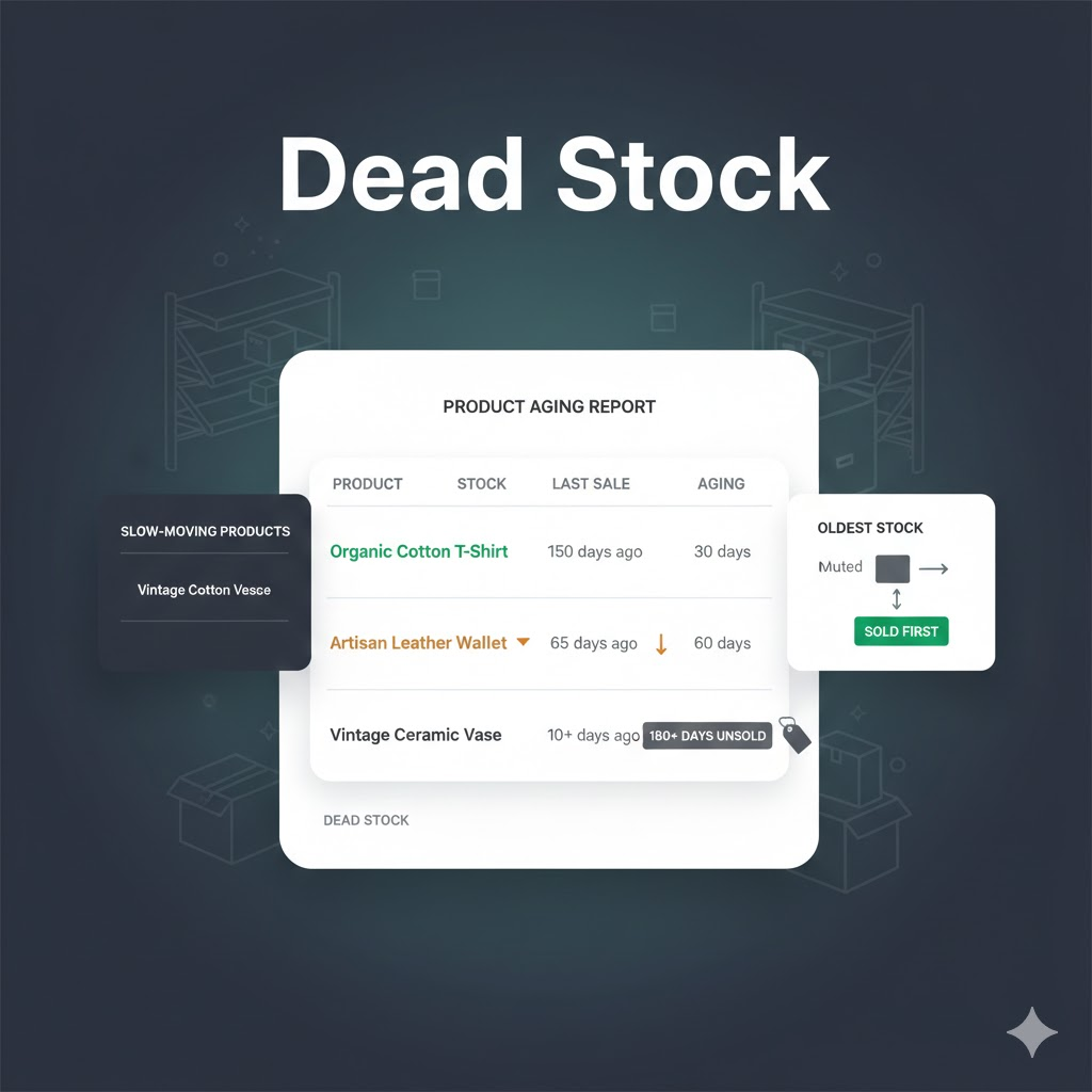 Dusty unsold products on shelves illustrating dead stock that ties up capital for Shopify stores