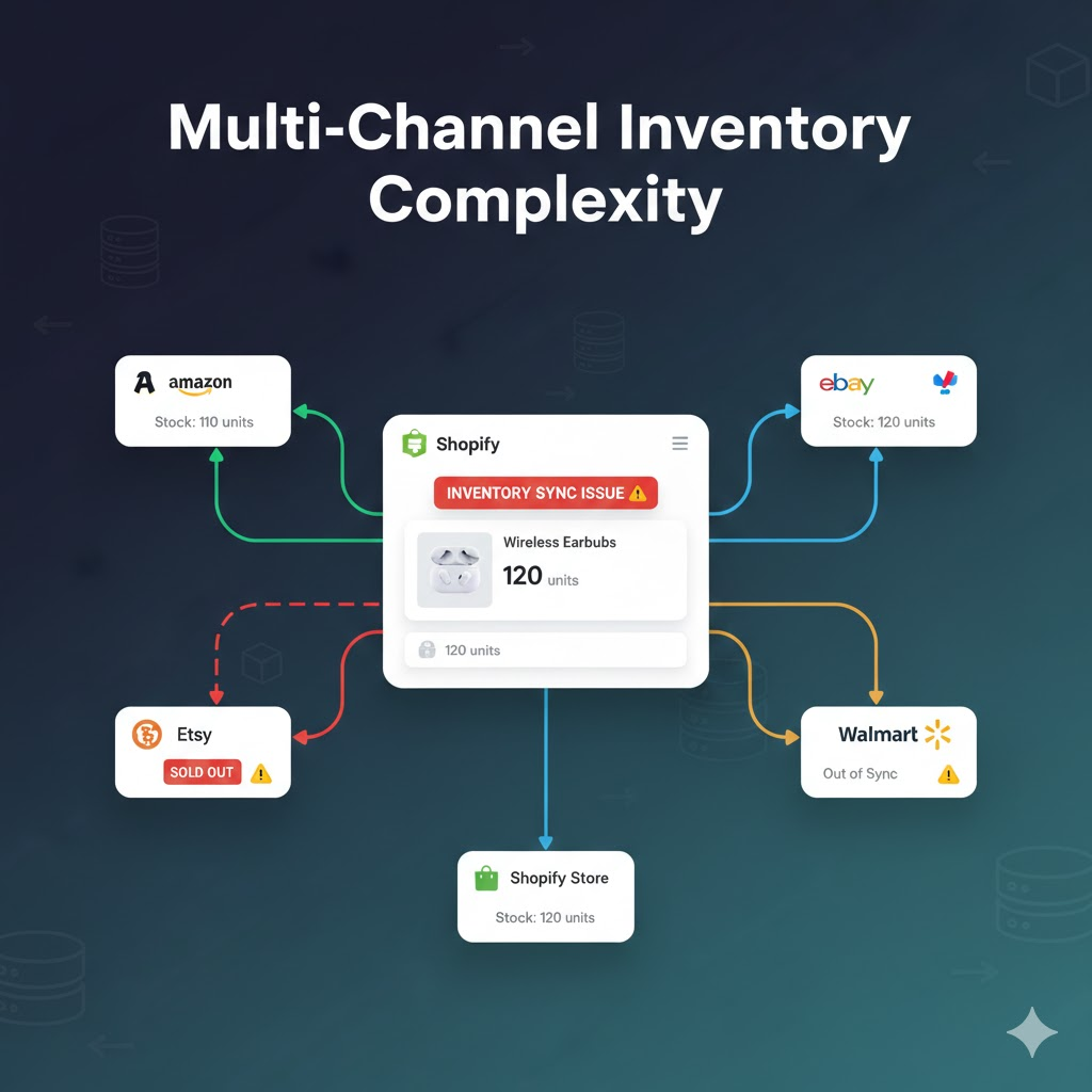 Multiple sales channel logos including Shopify Amazon eBay Etsy showing inventory sync complexity