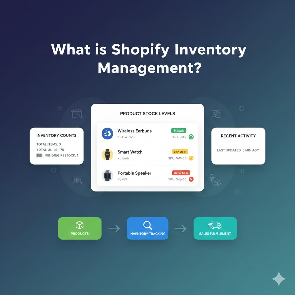 Illustration of Shopify inventory management system with product tracking, warehouse organization, and real-time stock updates