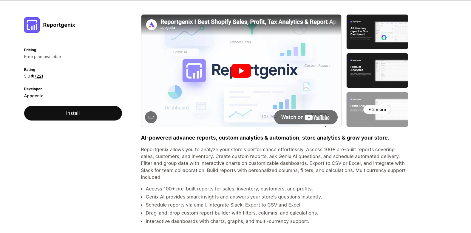 Reportgenix analytics dashboard showing 100+ inventory reports with AI-powered insights for Shopify store owners for  Shopify inventory management 